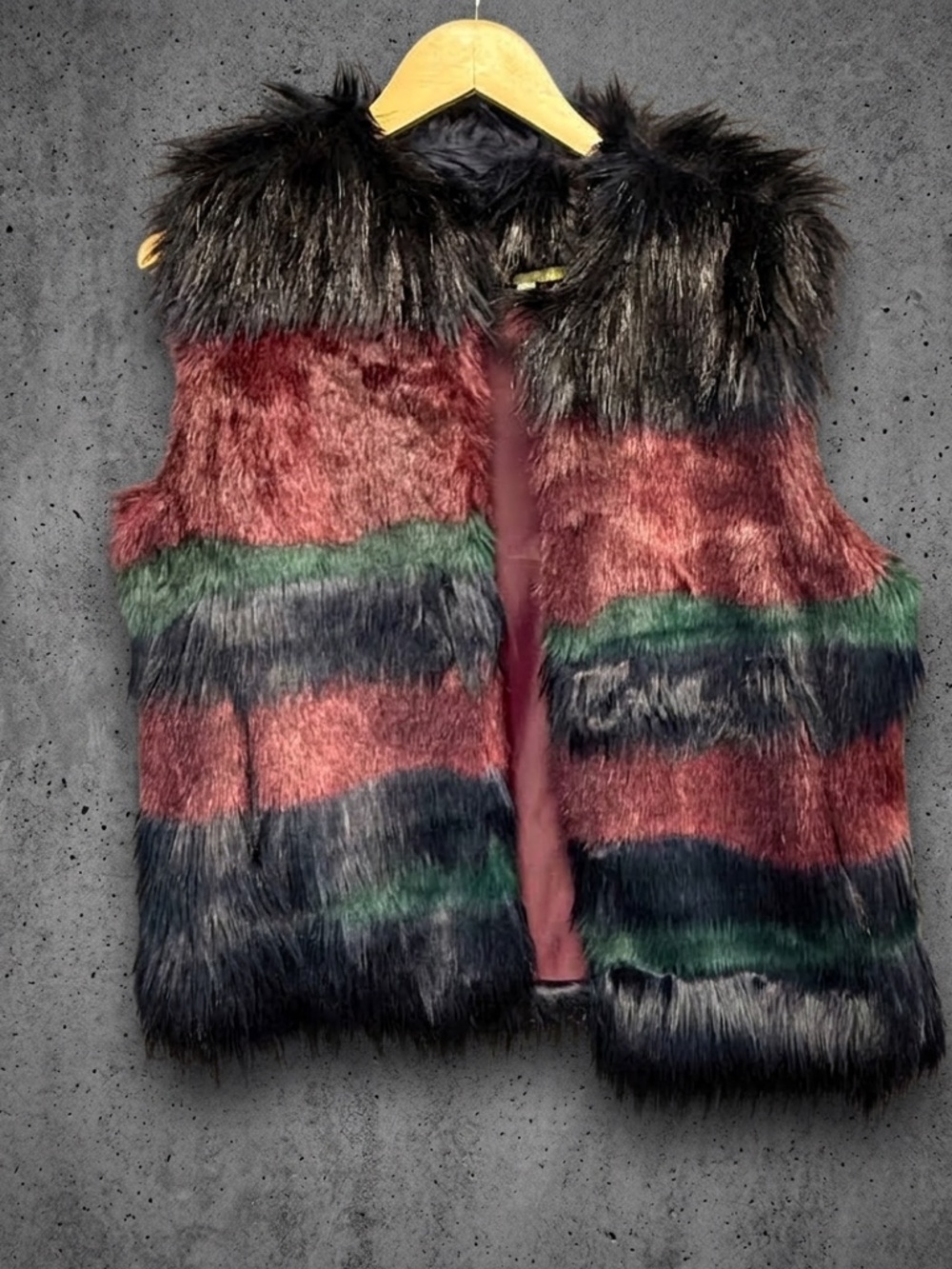 Ganni Bini Striped Faux Fur Vest L Y2K statement burgundy black boho winter